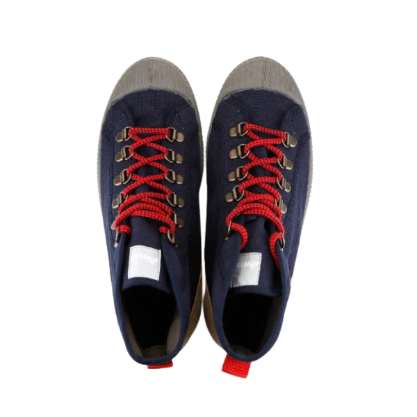 Partisan and Co S.D. Hiker 27 navy sneakers – top-down pair view showing red laces, canvas upper and leather ornament detail