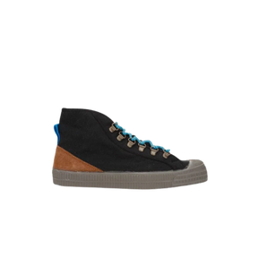 Partisan and Co S.D. Hiker 60 high-top sneaker in black and grey – cotton canvas upper with blue laces and leather ornament, side profile view