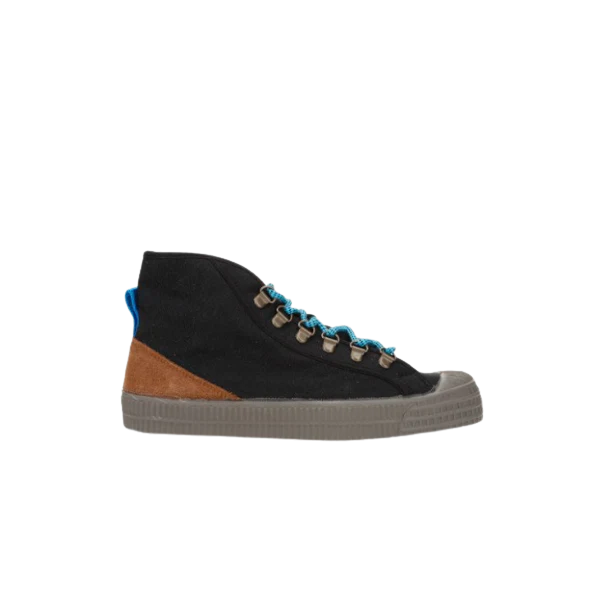 Partisan and Co S.D. Hiker 60 high-top sneaker in black and grey – cotton canvas upper with blue laces and leather ornament, side profile view