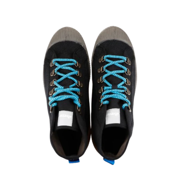 Partisan and Co S.D. Hiker 60 black sneakers – top-down pair view showing blue laces, canvas upper and leather ornament detail