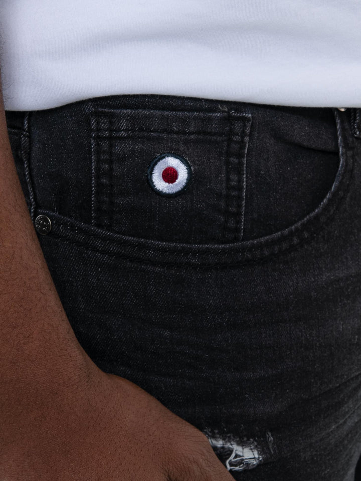 Ben Sherman Slim Fit Abrasion Denim – close-up of coin pocket with Mod target embroidery and abrasion detail