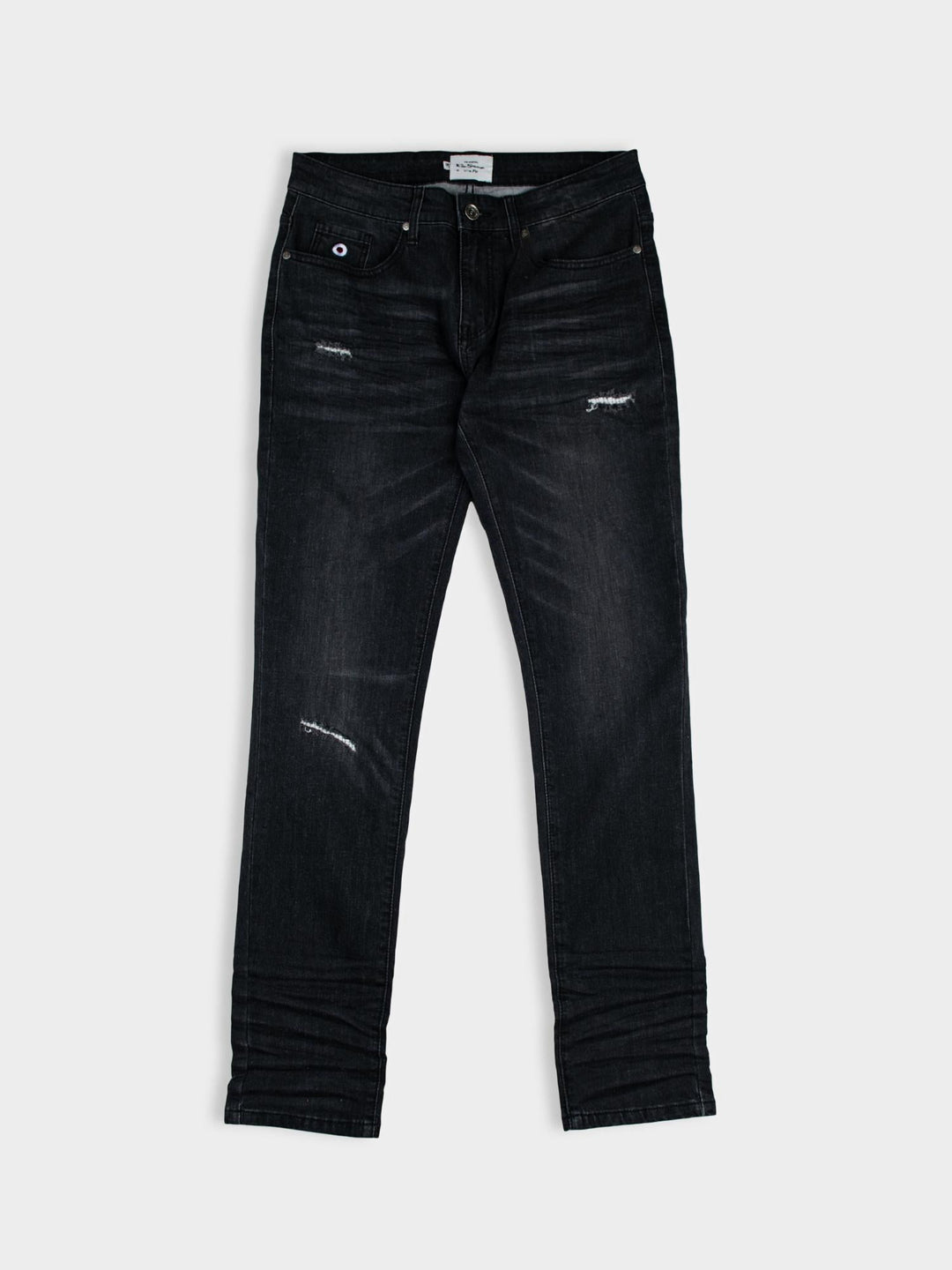Ben Sherman Slim Fit Abrasion Denim Jeans in Black – flat lay product shot showing abrasion detail