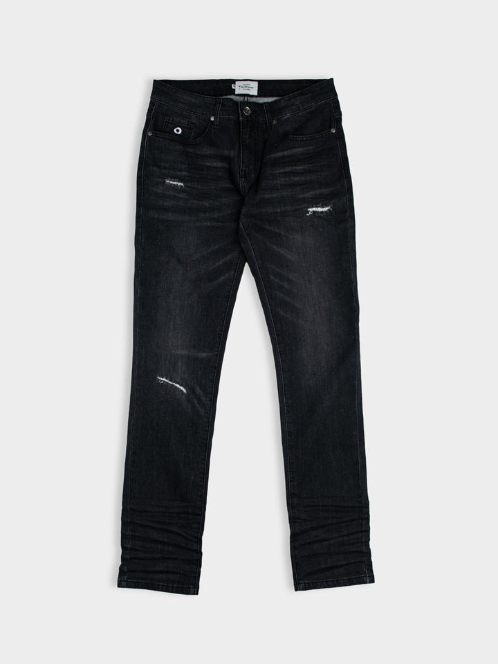 Ben Sherman Slim Fit Abrasion Denim Jeans in Black – flat lay product shot showing abrasion detail