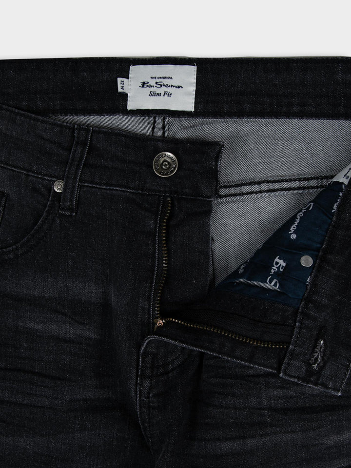 Ben Sherman Slim Fit Abrasion Denim – close-up of waistband with branded label and button detail