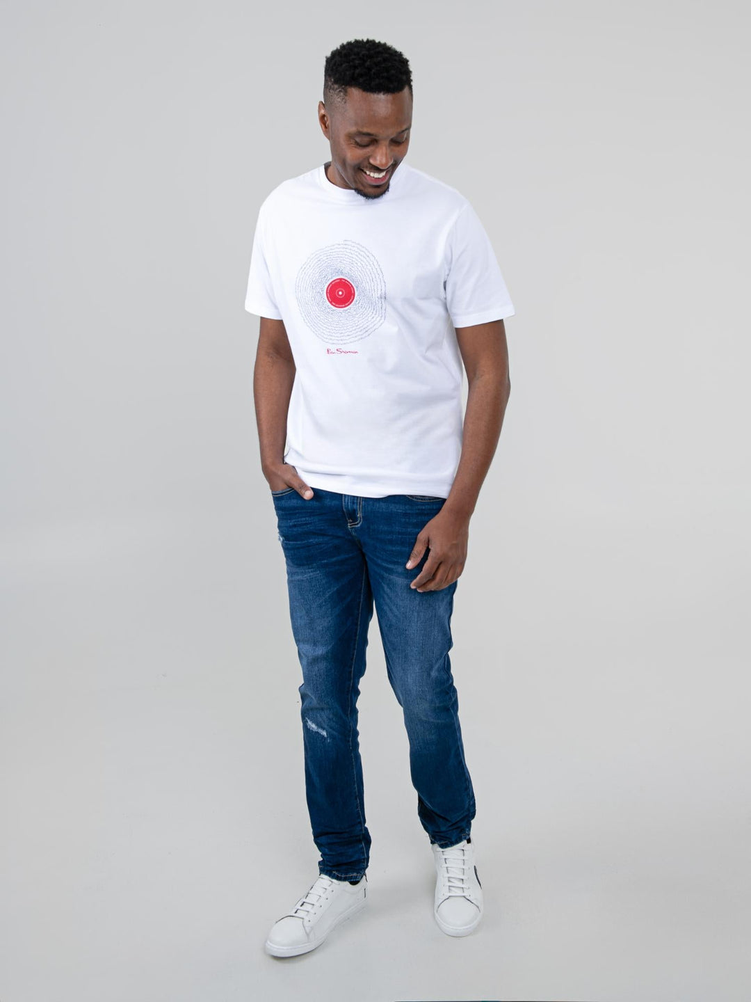Ben Sherman Slim Fit Abrasion Denim Jeans in Dark Blue – styled with a white tee, full length look