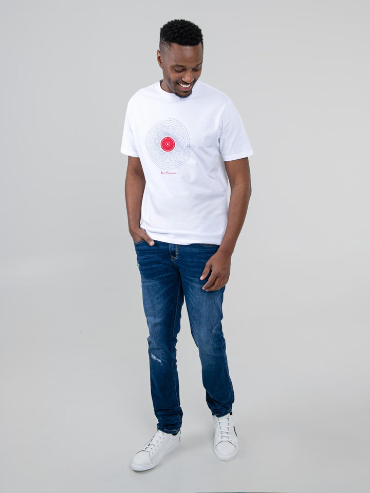 Ben Sherman Slim Fit Abrasion Denim Jeans in Dark Blue – styled with a white tee, full length look