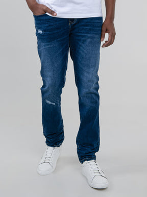 Ben Sherman Slim Fit Abrasion Denim Jeans in Dark Blue – full length front view