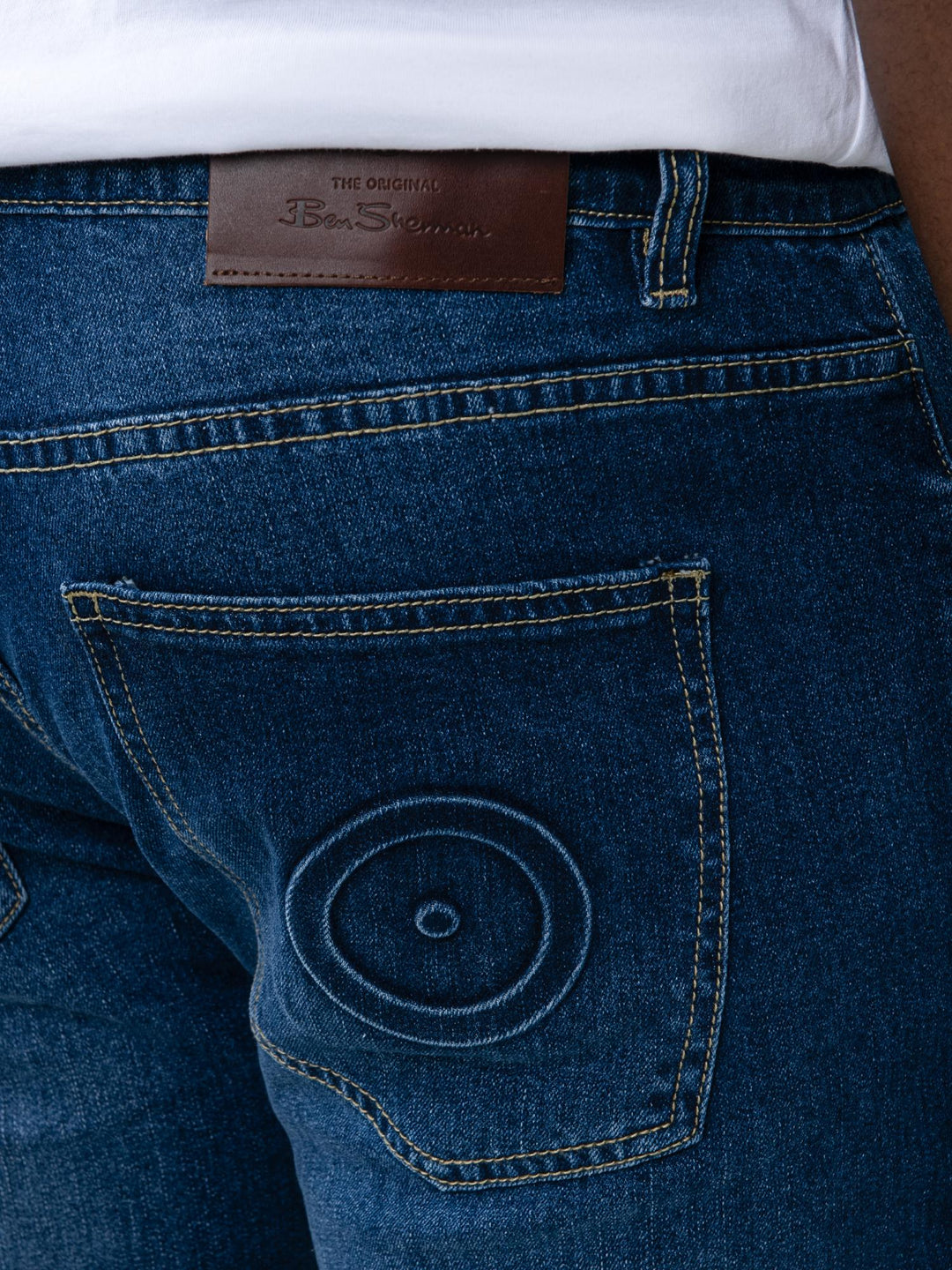 Ben Sherman Slim Fit Abrasion Denim – close-up of leather patch and Mod target embroidery on back pocket