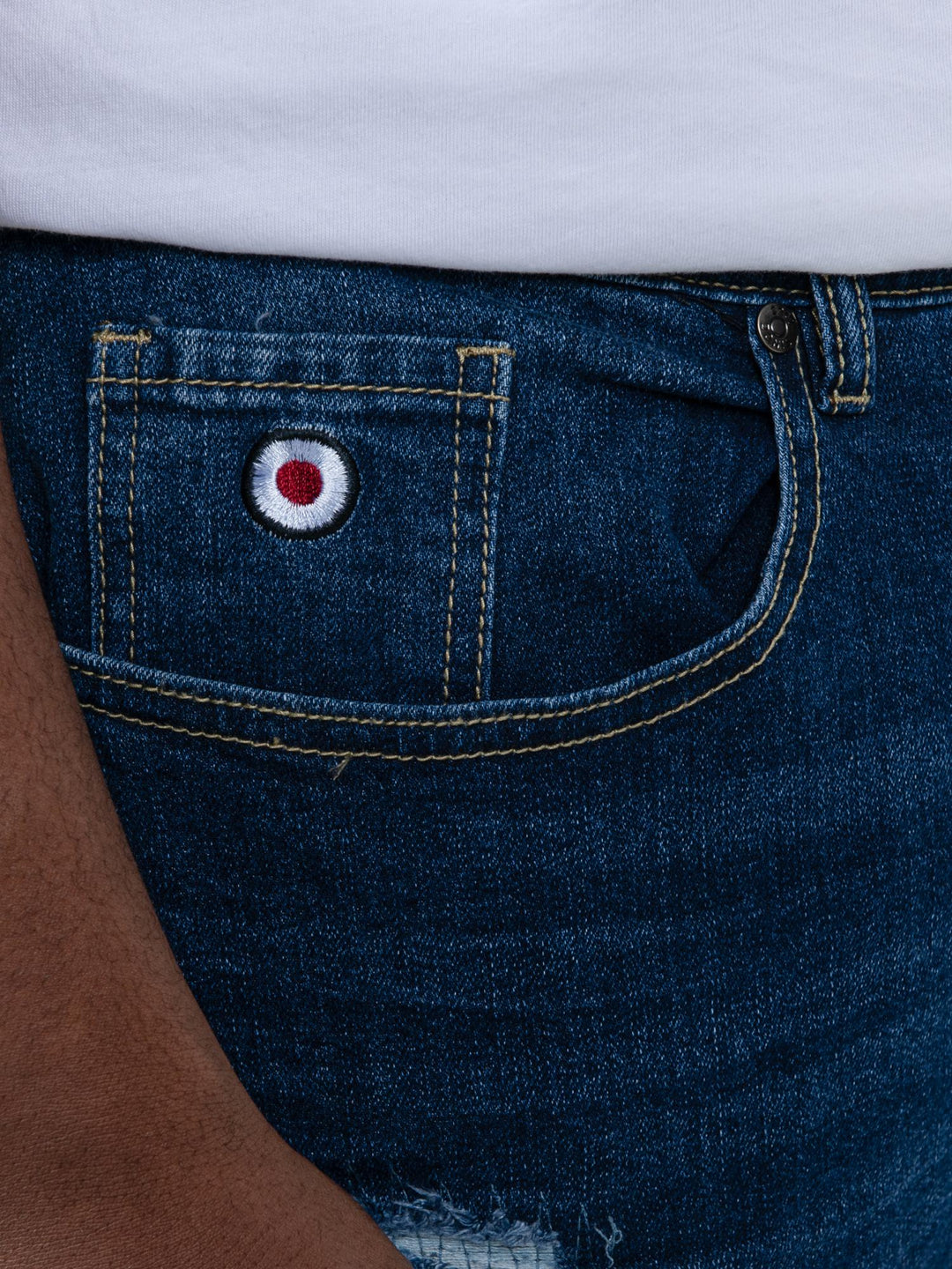 Ben Sherman Slim Fit Abrasion Denim – close-up of coin pocket with Mod target embroidery and contrast stitching