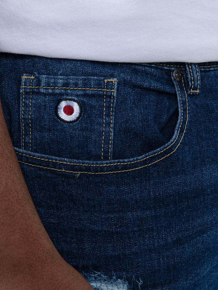 Ben Sherman Slim Fit Abrasion Denim – close-up of coin pocket with Mod target embroidery and contrast stitching
