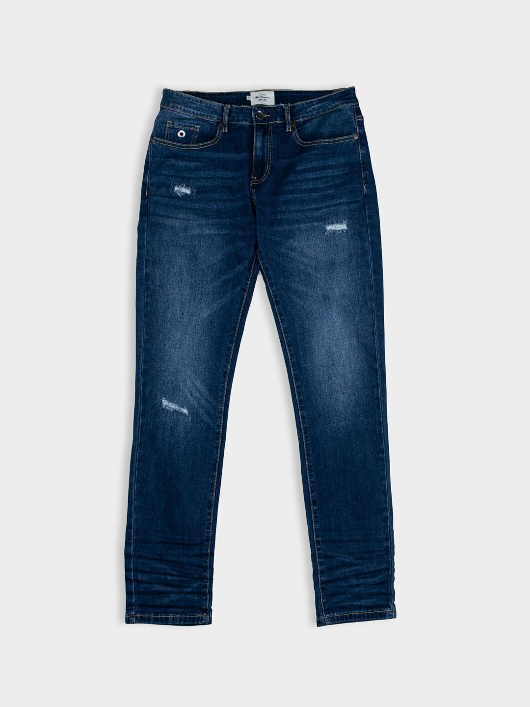 Ben Sherman Slim Fit Abrasion Denim Jeans in Dark Blue – flat lay product shot showing abrasion detail