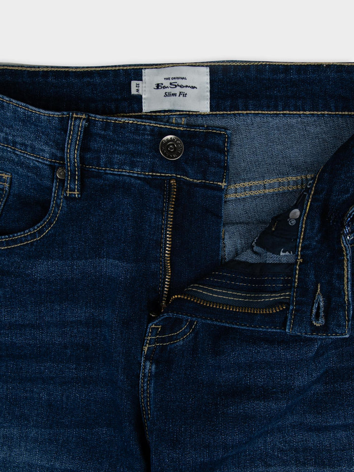 Ben Sherman Slim Fit Abrasion Denim – close-up of waistband with branded label and button detail