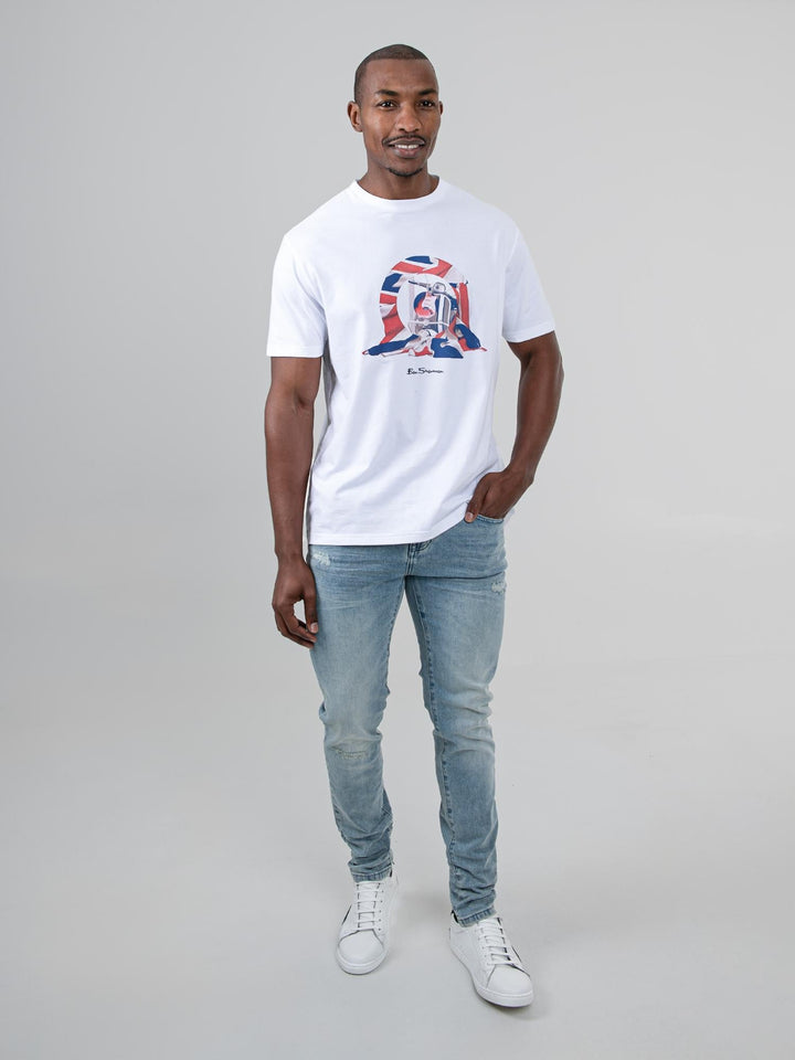Ben Sherman Slim Fit Abrasion Denim Jeans in Light Blue – styled with a white tee, full length look