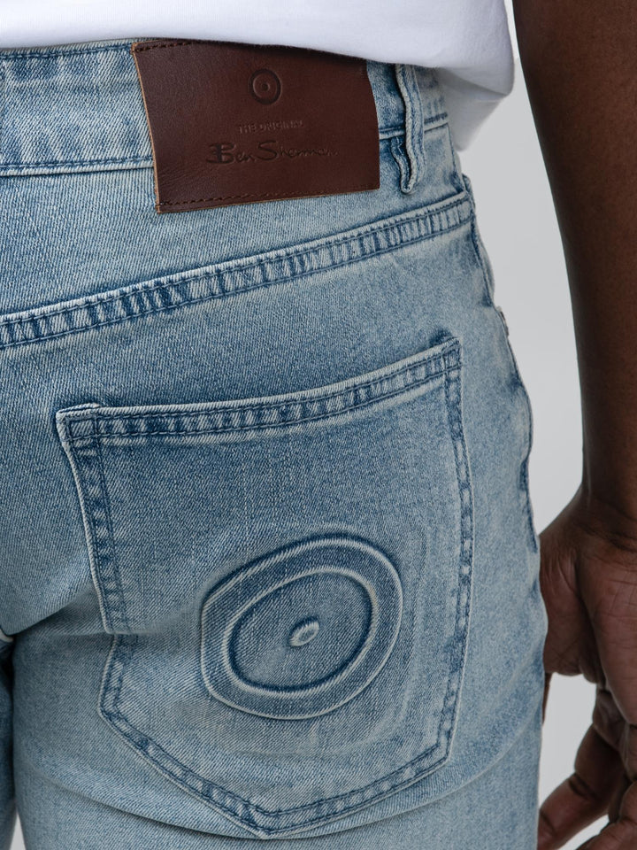Ben Sherman Slim Fit Abrasion Denim – close-up of leather patch and Mod target embroidery on back pocket