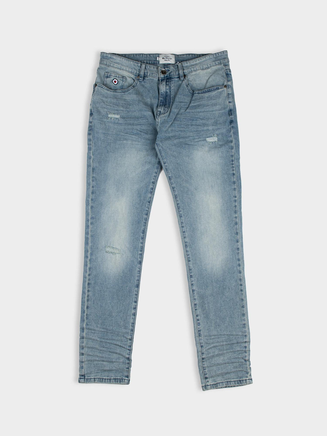 Ben Sherman Slim Fit Abrasion Denim Jeans in Light Blue – flat lay product shot