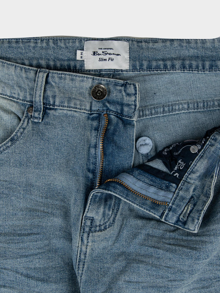 Ben Sherman Slim Fit Abrasion Denim – close-up of waistband with branded label and button detail