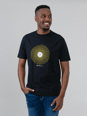 aBen Sherman Sound Wave Graphic T-Shirt in Black – men's front view showing vinyl-inspired sound wave chest print in gold on classic black cotton tee