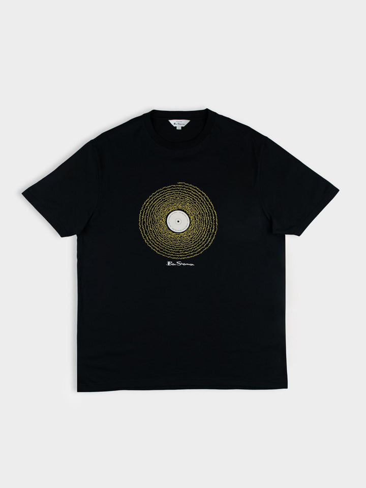 Ben Sherman Sound Wave Graphic T-Shirt in Black – flat lay product shot highlighting gold vinyl record chest print and Ben Sherman branding on black cotton