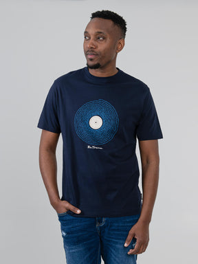 Ben Sherman Sound Wave Graphic T-Shirt in Navy – men's front view showing vinyl-inspired sound wave chest print on deep navy cotton tee