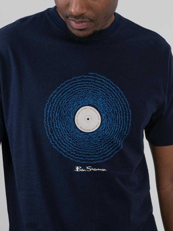 Close-up of Ben Sherman Sound Wave Graphic Tee in Navy – intricate vinyl record chest print with Ben Sherman signature on rich navy cotton