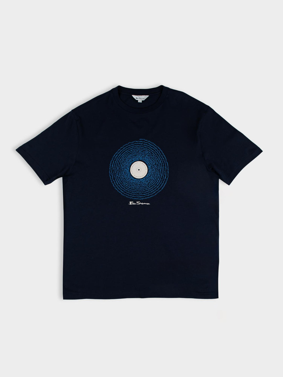 Ben Sherman Sound Wave Graphic T-Shirt in Navy – flat lay product shot highlighting vinyl record chest print and Ben Sherman branding on dark navy