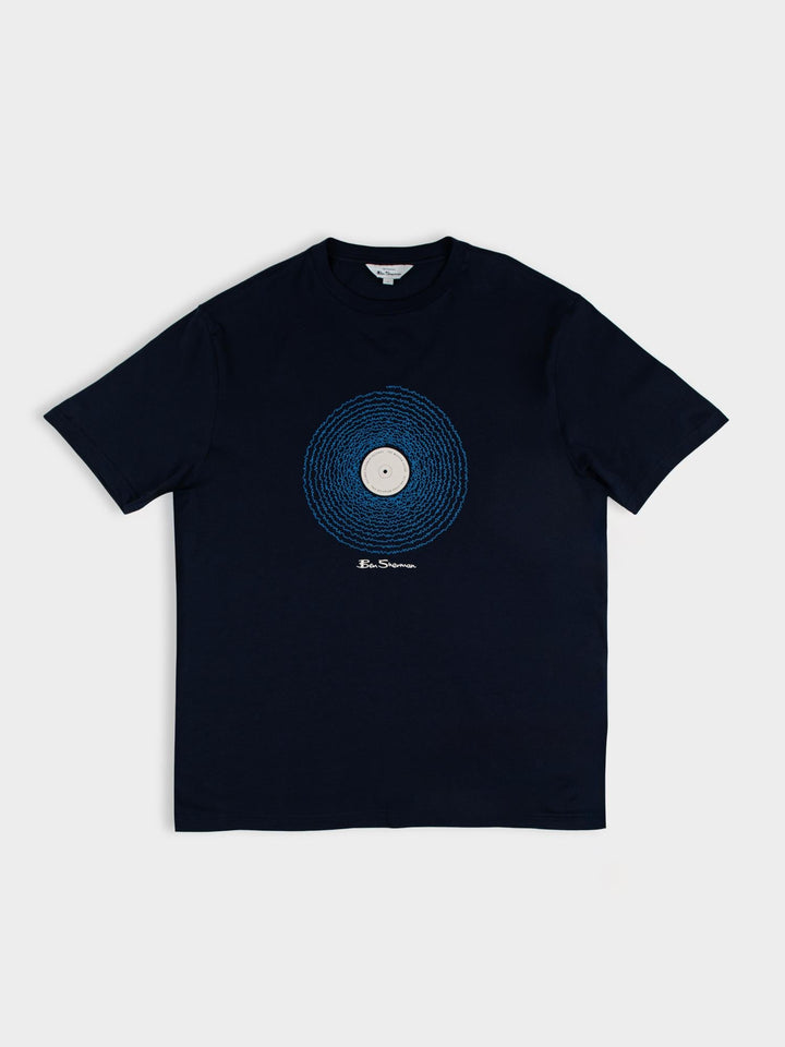 Ben Sherman Sound Wave Graphic T-Shirt in Navy – flat lay product shot highlighting vinyl record chest print and Ben Sherman branding on dark navy