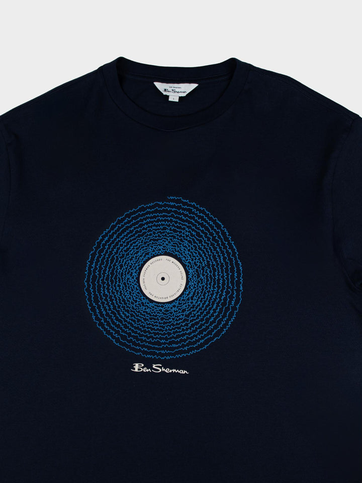 Ben Sherman Sound Wave Graphic T-Shirt in Navy – close-up flat lay of bold vinyl record chest print with Ben Sherman signature detail on navy cotton