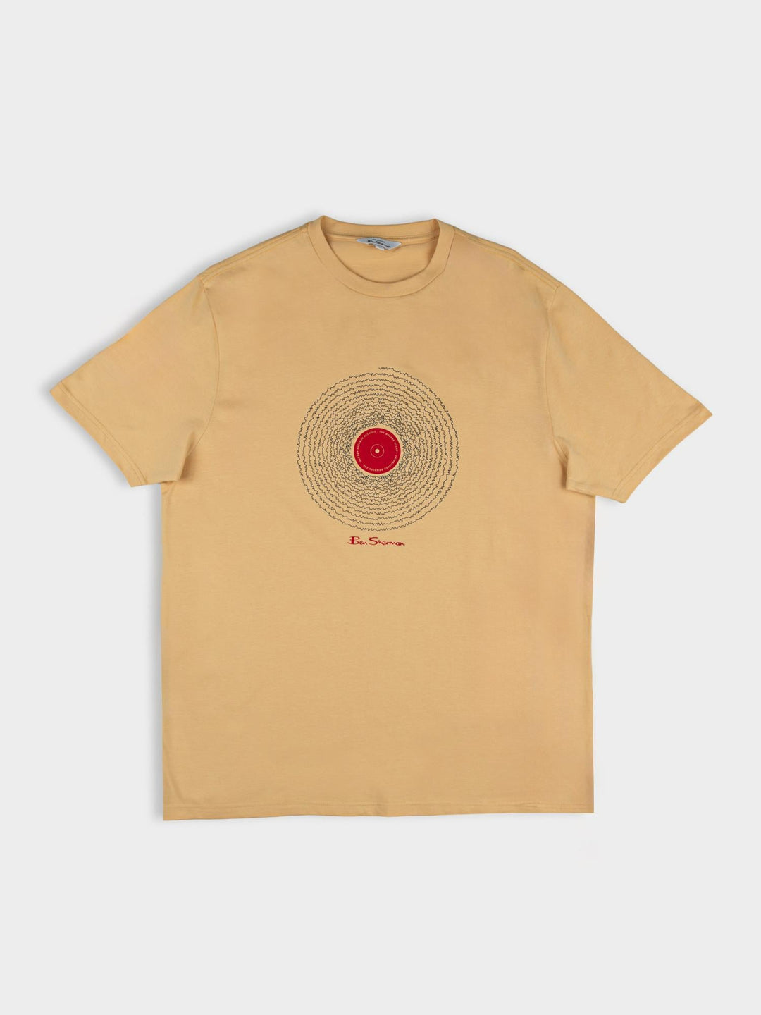 Ben Sherman Sound Wave Graphic T-Shirt in New Wheat – flat lay product shot highlighting vinyl record chest print and Ben Sherman branding on warm wheat cotton