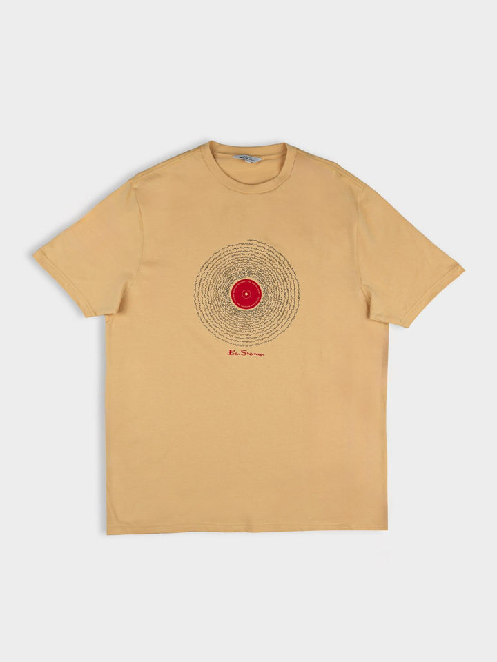 Ben Sherman Sound Wave Graphic T-Shirt in New Wheat – flat lay product shot highlighting vinyl record chest print and Ben Sherman branding on warm wheat cotton