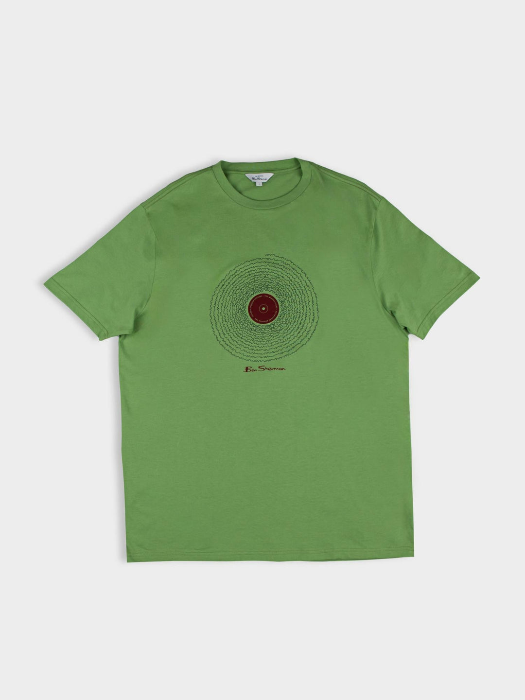 Ben Sherman Sound Wave Graphic T-Shirt in Piquant Green – flat lay product shot highlighting the circular vinyl record print and Ben Sherman branding