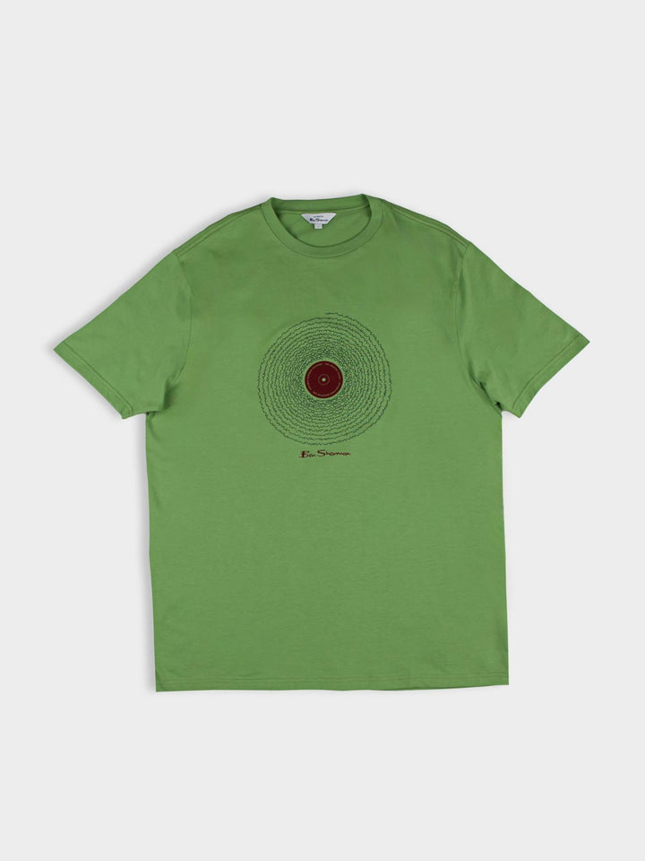 Ben Sherman Sound Wave Graphic T-Shirt in Piquant Green – flat lay product shot highlighting the circular vinyl record print and Ben Sherman branding