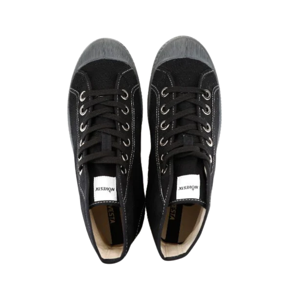Partisan and Co Star Dribble 60 black and grey high-top sneakers – top-down pair view showing cotton laces and removable recycled insole