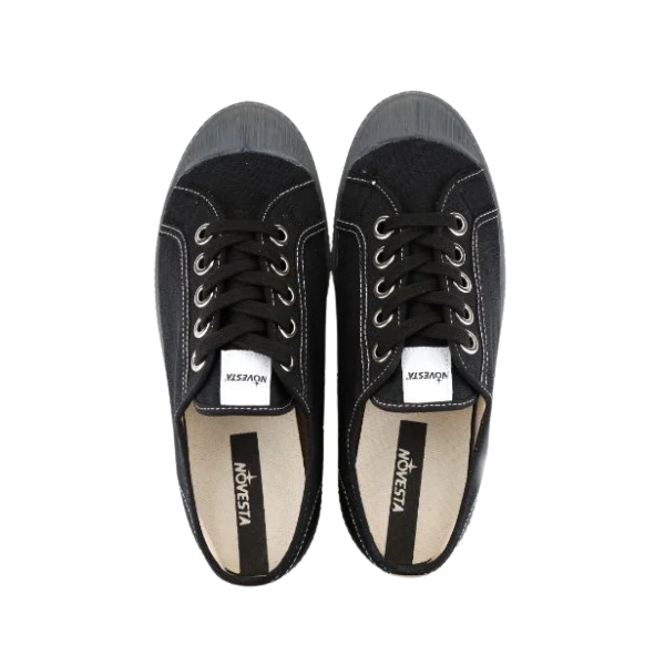 Partisan and Co Star Master low-top sneakers in black with grey sole – top-down pair view showing cotton laces and insole detail