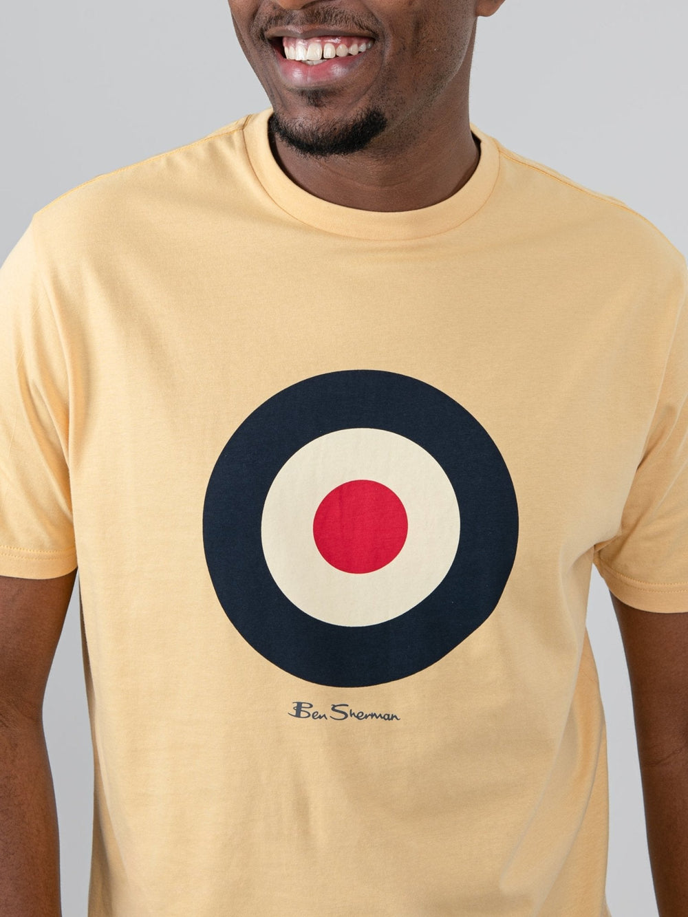 Close-up of Ben Sherman target chest print on New Wheat crewneck t-shirt