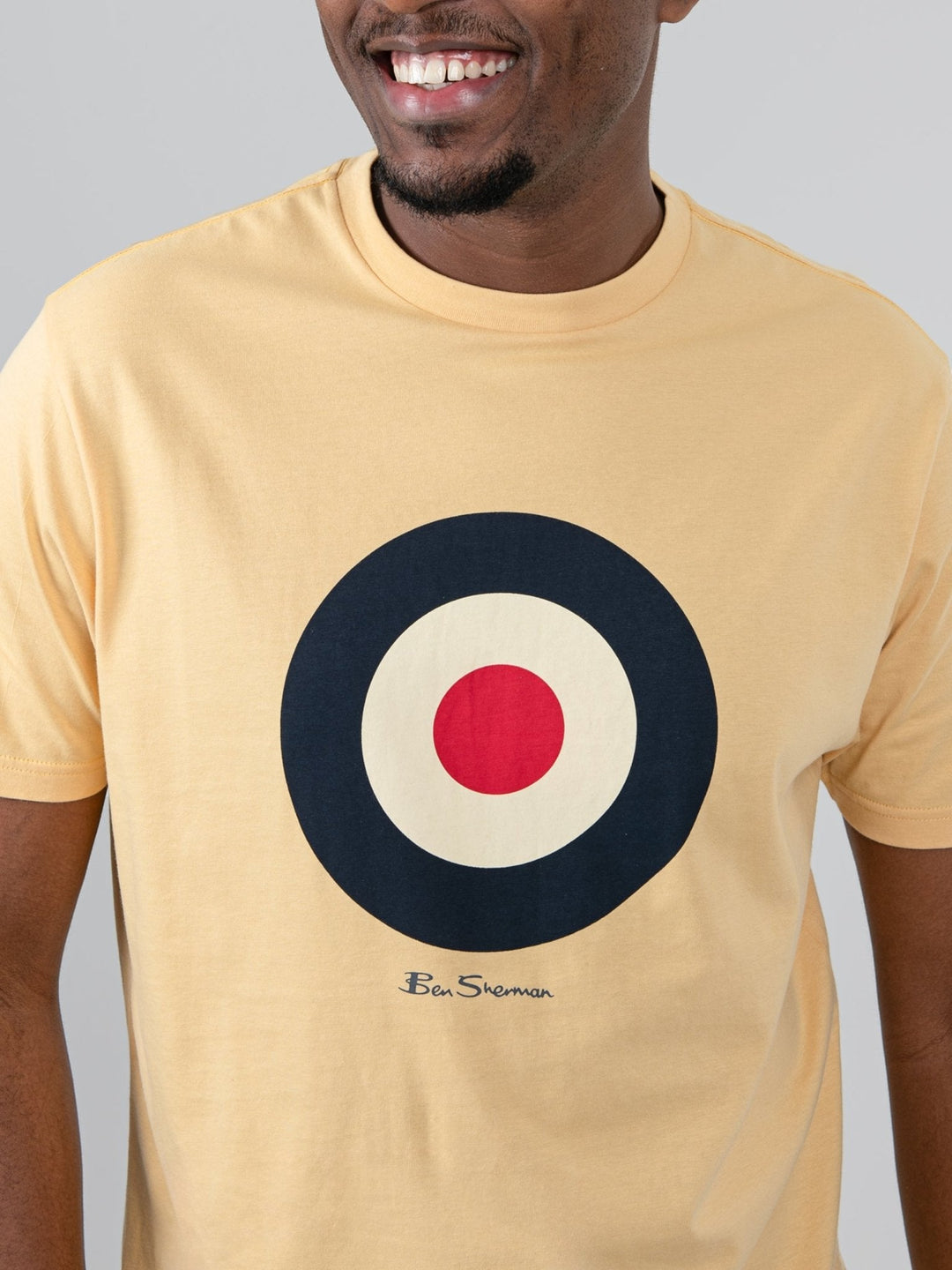 Close-up of Ben Sherman target chest print on New Wheat crewneck t-shirt