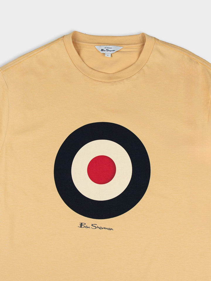 Detail shot of Ben Sherman target chest logo and crewneck collar on New Wheat organic cotton t-shirt