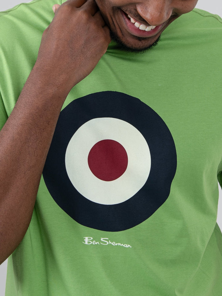 Close-up of Ben Sherman target chest print on Piquant Green crewneck t-shirt