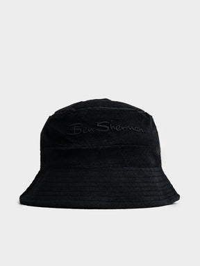 Ben Sherman Target Towelling Bucket Hat in Black - soft black terrycloth bucket hat with embroidered Ben Sherman logo, front view