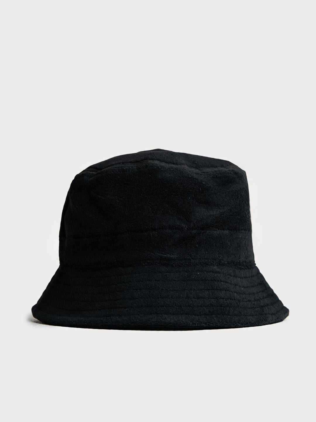 Ben Sherman Target Towelling Bucket Hat in Black - soft black terrycloth bucket hat, side view showing structured brim