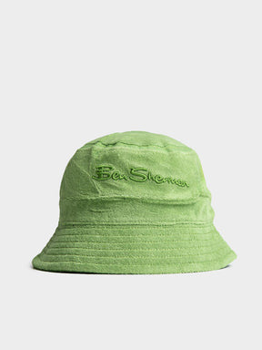 aBen Sherman Target Towelling Bucket Hat in Piquant Green - soft green terrycloth bucket hat with embroidered Ben Sherman logo, front view