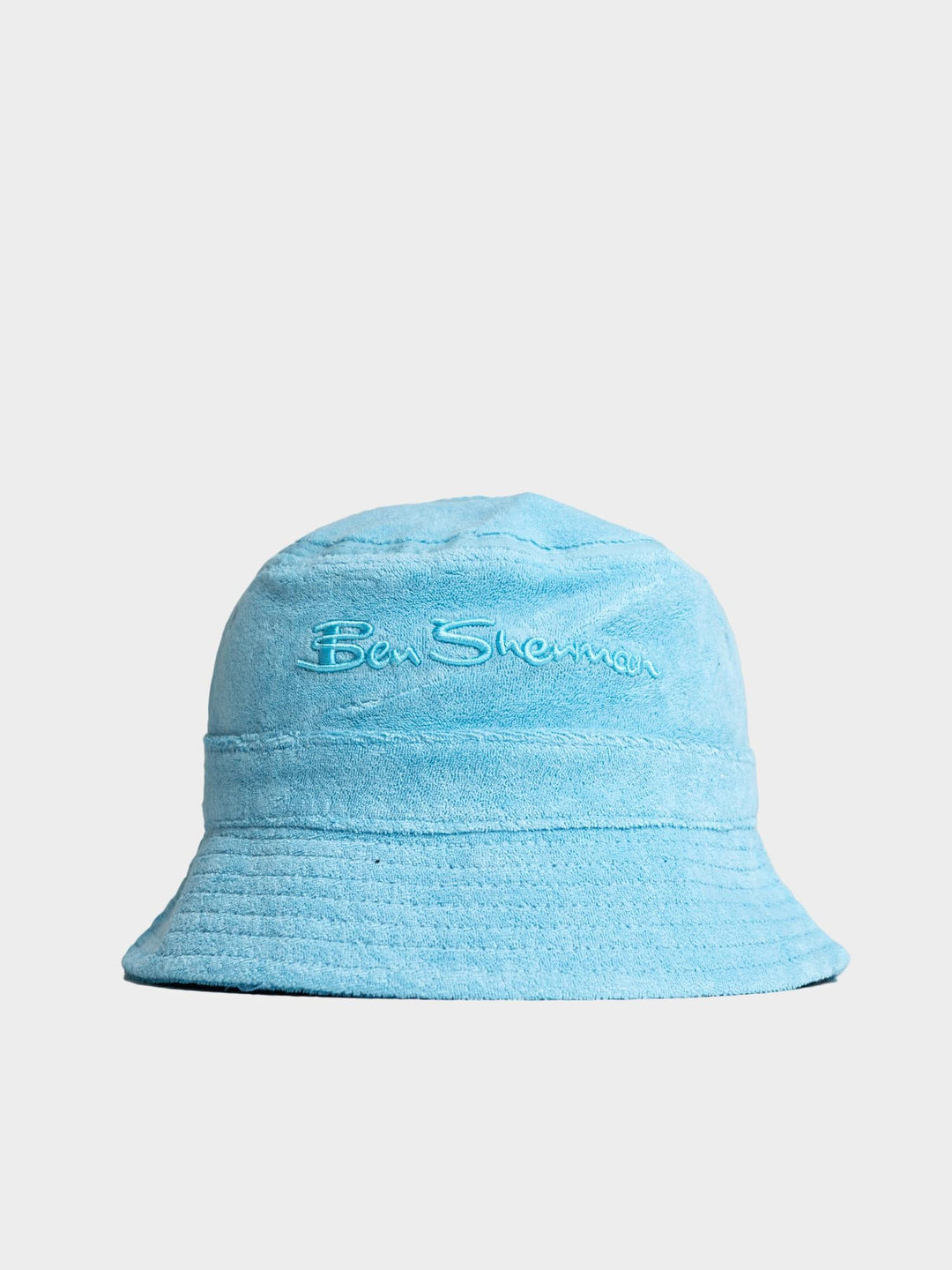Ben Sherman Target Towelling Bucket Hat in Retro Blue - soft blue terrycloth bucket hat with embroidered Ben Sherman logo, front view