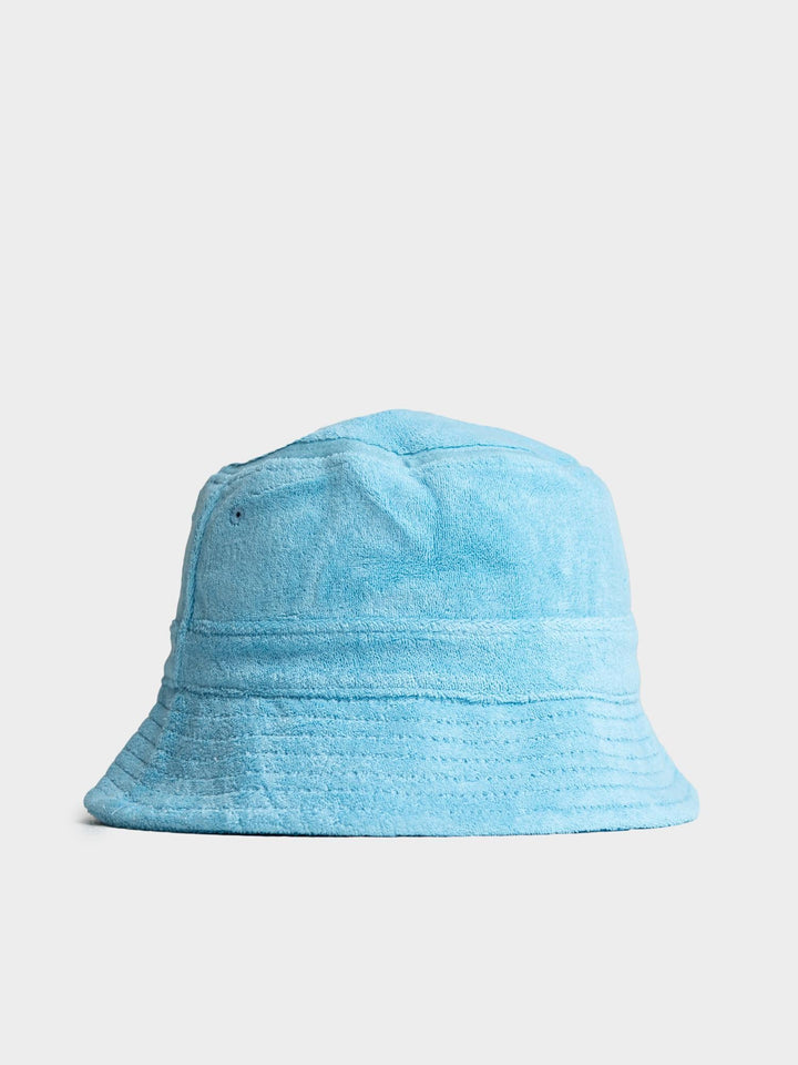 Ben Sherman Target Towelling Bucket Hat in Retro Blue - soft blue terrycloth bucket hat, side view showing structured brim