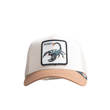 Front view Goorin Bros The Deadliest Scorpion Taupe Tan Trucker Cap