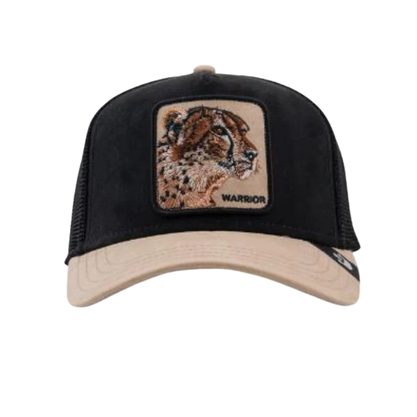 Front view of Goorin Bros The Suede Cheetah Black/Tan Trucker Cap