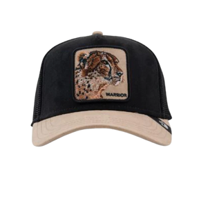 Front view of Goorin Bros The Suede Cheetah Black/Tan Trucker Cap