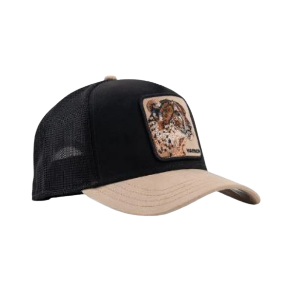 Side view Front view of Goorin Bros The Suede Cheetah Black/Tan Trucker Cap