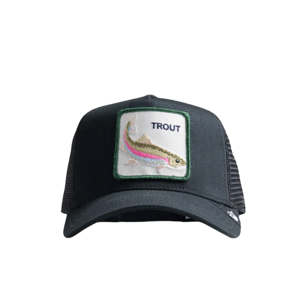 Front view of Goorin Bros The Trout Fish Black Mesh Cap