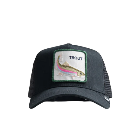 Front view of Goorin Bros The Trout Fish Black Mesh Cap