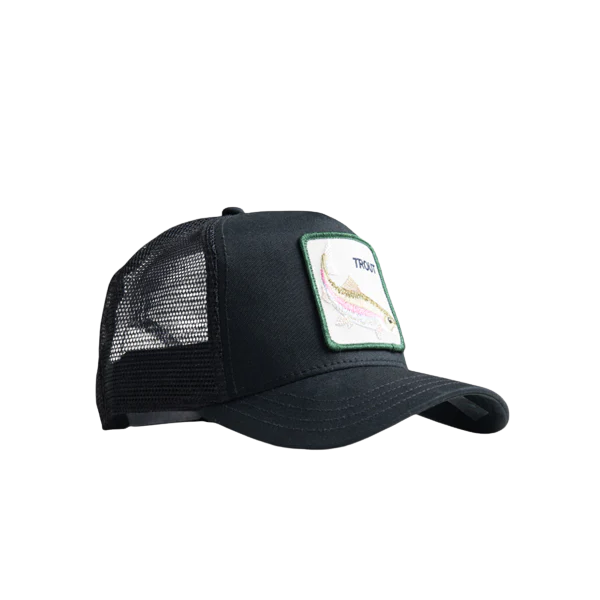 Side view of Goorin Bros The Trout Fish Black Mesh Cap