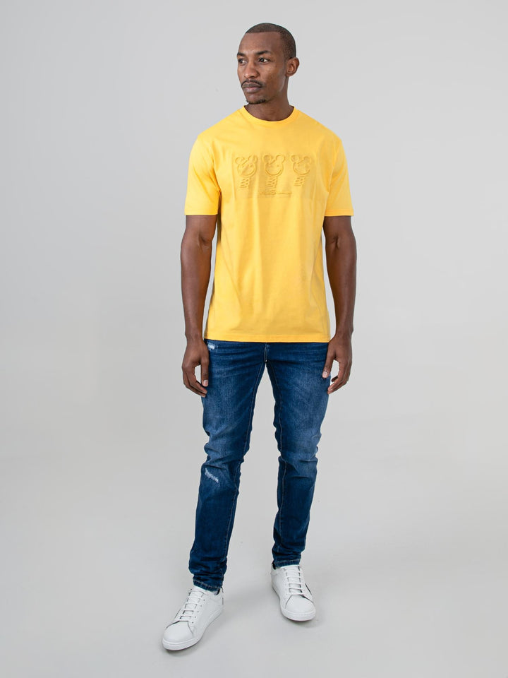 Ben Sherman Trio Embossed Bears T-shirt in Banana yellow, full body front view on male model